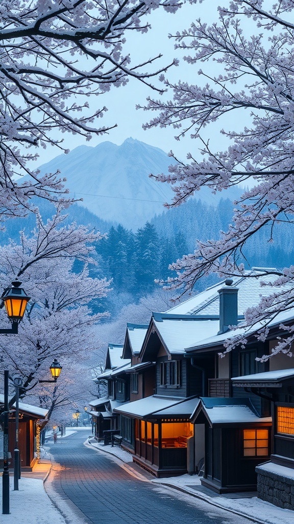 A tranquil Japanese winter scene with cherry blossoms and Christmas decorations.